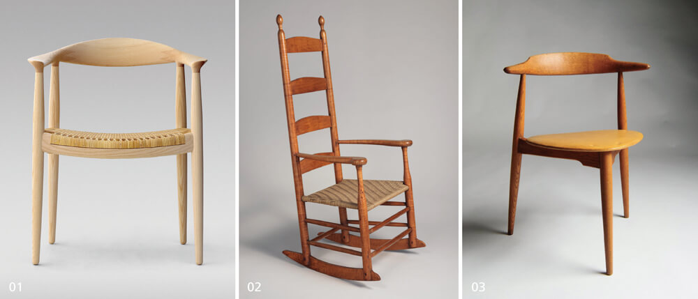 01_The Chair，1949年發(fā)表以來(lái)已經(jīng)成為韋格納著名的代表作。02_Shaker Rocking Chair CH45，美國(guó)總統(tǒng)甘迺迪（John F. Kennedy）因?yàn)樵鴧⑴c戰(zhàn)爭(zhēng)，背部受到砲擊破片受傷，因此特別喜愛(ài)這張舒適的搖椅。03_The Heart Chair心形椅，現(xiàn)代較為少見(jiàn)的三腳支撐座椅，似乎與丹麥古老民宅內(nèi)有泥土地的房間有關(guān)，在凹凸不平處較為穩(wěn)固