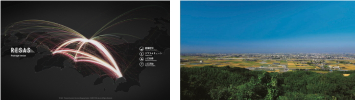 左圖:RESAS Prototype可將現(xiàn)有大數(shù)據(jù)信息視覺(jué)化。右圖:日本福岡縣三山市。