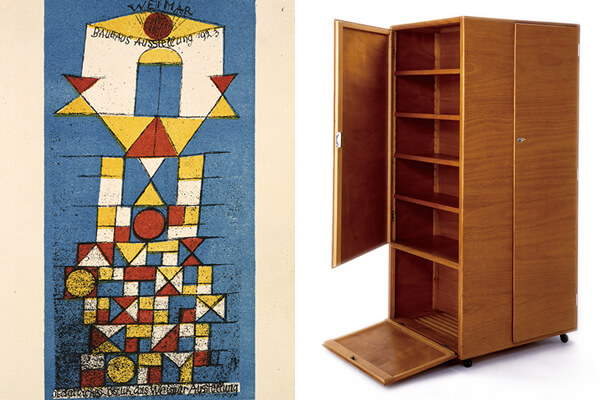 (左)導師之一的克列（Paul+Klee）為1923年的包浩斯展覽所創作的作品。+(右)Josef+Pohl設計的單身漢衣櫥。